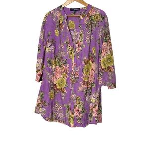 Denim 24/7 Purple Floral 100% Cotton Voile 3/4 Sleeve Pintuck Tunic Top Sz 22W